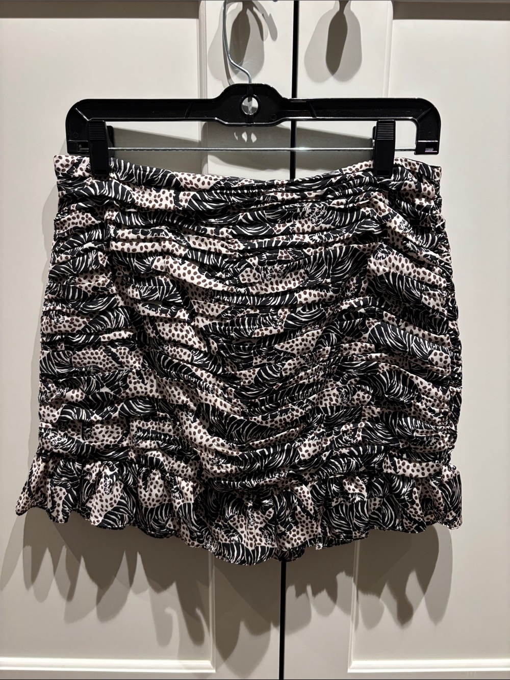 Zara Black & Cream Animal Print Ruched Mini Skirt